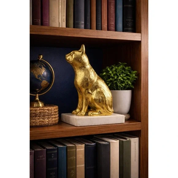 Vintage 6" Gold Textured Cat Figurine Statue on White Marble Base Bookend Decor - Picture 2 of 16